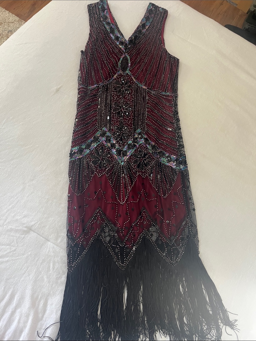 Beaded Fringe V-Neck Midi Dress in Wine